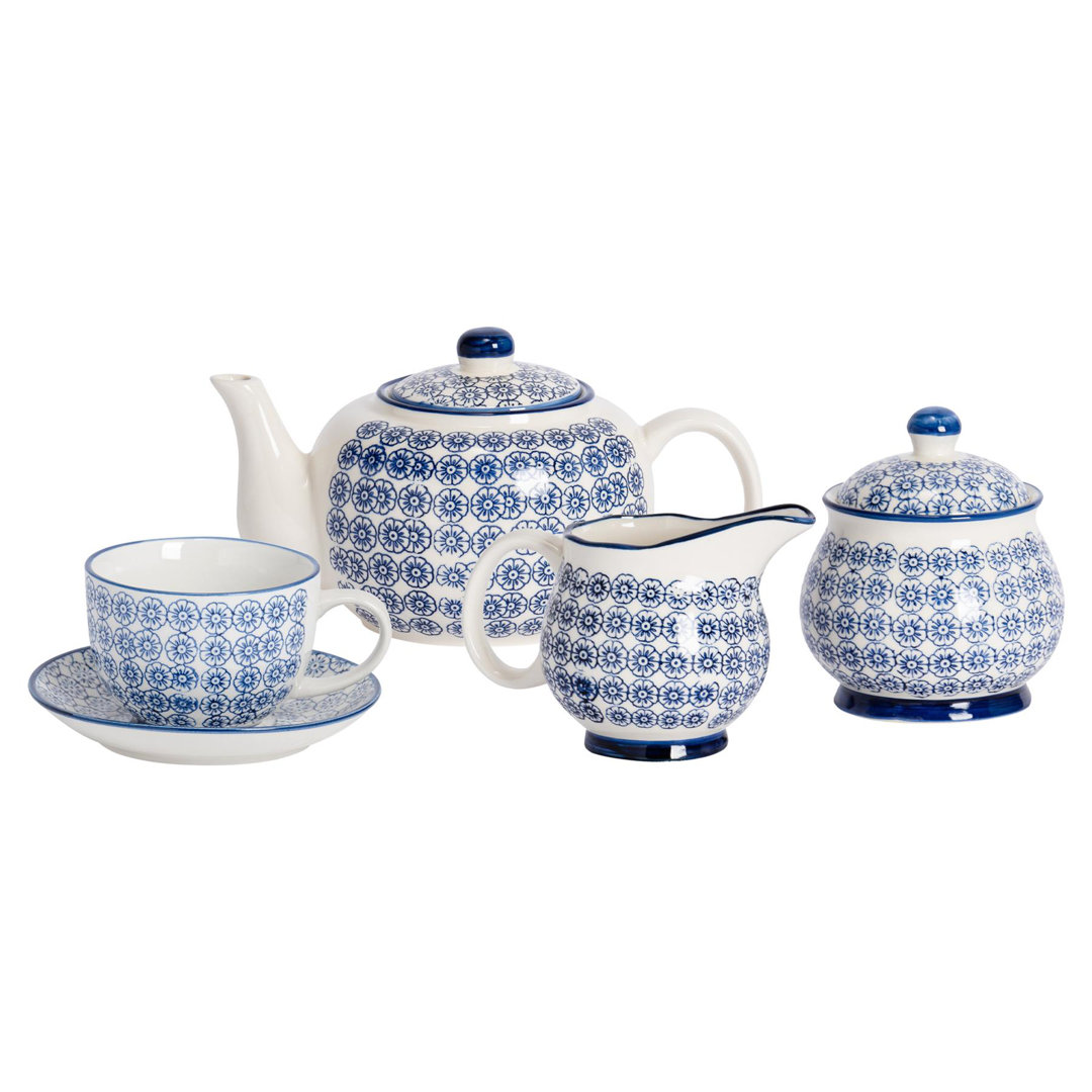 Nicola Spring 15 Piece Hand-Printed Tea Set - Navy White;Navy 820ml